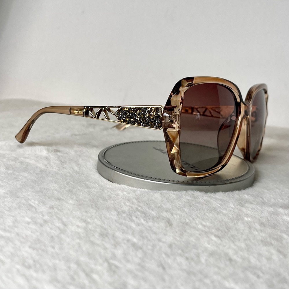 Brown & Gold Oversized Square Sunglasses Polarized Tinted w Crystal Frames Nwt - Picture 7 of 9